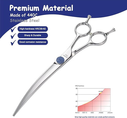 7'' Dog Grooming Scissors Set with Blue Diamond Adjustable Screws CNC 440C Stainless Steel Thinner Chunker Straight Curved Shears with Comb Sharp and Durable