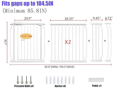 Extra Wide Baby Gate 85.8-104.5 Inch, Pressure Mounted No Drilling, for Stairs & Doorways, Metal White Indoor Safety Gate for Kids and Dogs