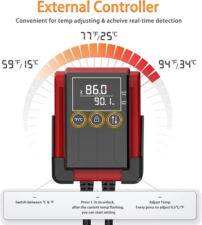 AQQA Fish Tank Heater 200W Aquarium Heater for 20-40 Gal Fish Tank Fish Heater Digital Thermostat with External Controller Temp Range 59-94℉ Over-Temperature Protection (200W for 20-40Gal)