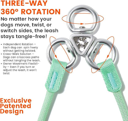 Howgo Double Slip Leash Slip Lead | Dual Dog Lead for 2 Dogs,360° Swivel No Tangle | Dog Training Nylon Leash and Collar | Double Clip Coupler and Splitter | Lightweight Aluminum (Green, 3FT)