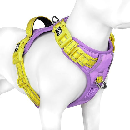 PHOEPET No Pull Dog Harness, Unique Colors Reflective Adjustable Dog Vest, with Soft Training Handle Metal Clips for Small Medium Large Dogs (Baby Purple Base & Yellow Straps,M)