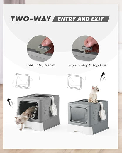 Enclosed Cat Litter Box, Large Litter Box for Big Cats, Covered Kitty Litter Boxes with Lid, Top Entry Cat Box Enclosure with Scoop, Odor Control, Easy to Clean(Grey)