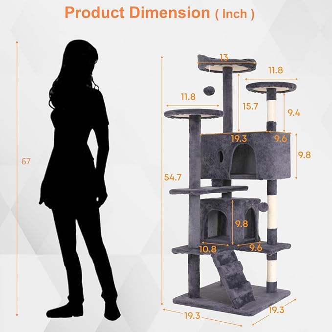 54.7" Ashy Cat Tower for Indoor Cats – Multi-Level Condo with Scratching Posts & Hanging Toys