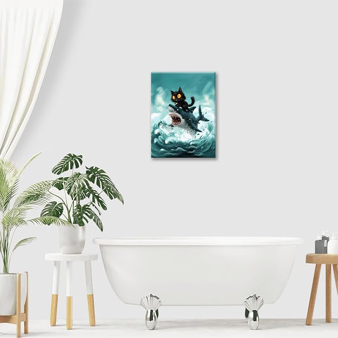 Funny Black Cat Bathroom Wall Art Cute Cat Riding Shark Canvas Wall Decor Animal Kitten Pictures Painting Print Artwork Framed Decorations Gifts for Cat Lover Kids Room Bedroom 16"x20"
