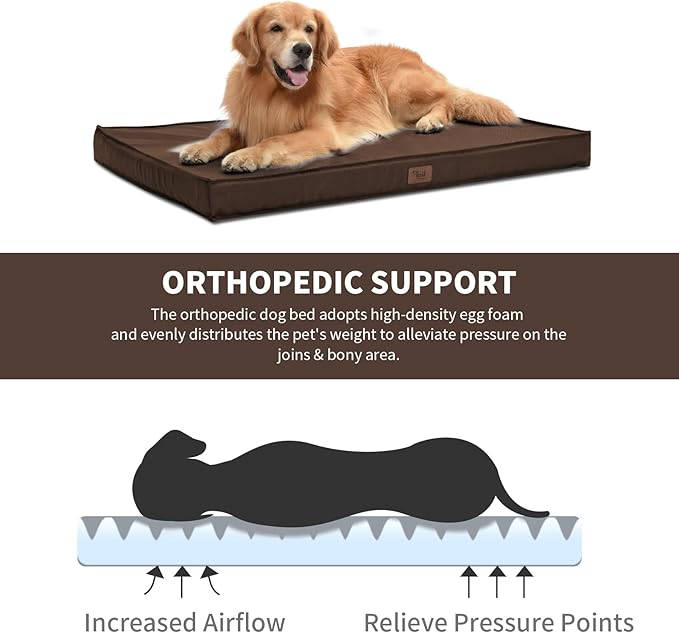 Outdoor Large Dog Bed, Waterproof Dog Bed for Large Dogs, Egg Crate Foam Pet Bed with Removable Washable Oxford Cooling Cover, Brown