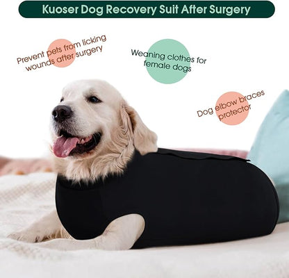 Kuoser Dog Surgery Suit Female Spay Male Neuter, Dog Leg Sleeve to Stop Licking Soft Dog Onesie for Abdominal Wound, Dog Recovery Suit Rear Leg Sleeves Pet Elbow Brace Protector, Black L