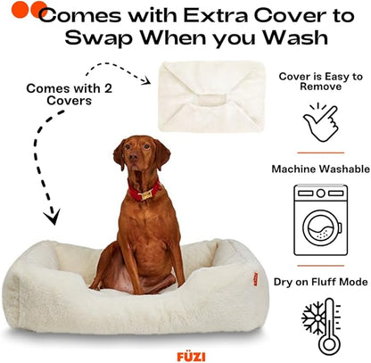 FUZI Luxury Aesthetic Dog Bed with Extra Cover for Medium Dogs, Washable Pet Couch, Pet Bed with Sides, Non-Slip Bottom, Soft & Durable Calming Dog Bed, Faux Fur, Medium 31.75x23.6x9.5 Soft White