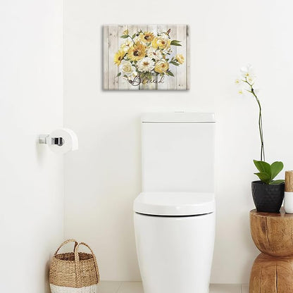 Sunflower Bathroom Pictures Wall Art, Simple Blessed Floral Bathroom Wall Decor, Flower Framed Painting Canvas Artwork for Bedroom Living Room Decorations 16"L x 12"W