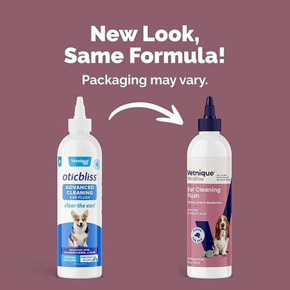 Vetnique Oticbliss Cat & Dog Ear Cleaners: Medicated Dog Ear Drops for Infection, Antiseptic Flush, & Wipes to Reduce Itchy Ears & Head Shaking - Vet Recommended for Itchy Ears (8oz, Flush)