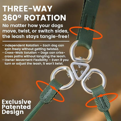 Howgo Double Slip Leash Slip Lead with Two Handles| Dual Dog Slip Lead for 2 Dogs,360° Swivel No Tangle | Dog Training Collar | Double Clip Leash Coupler and Splitter (Green, 6FT)