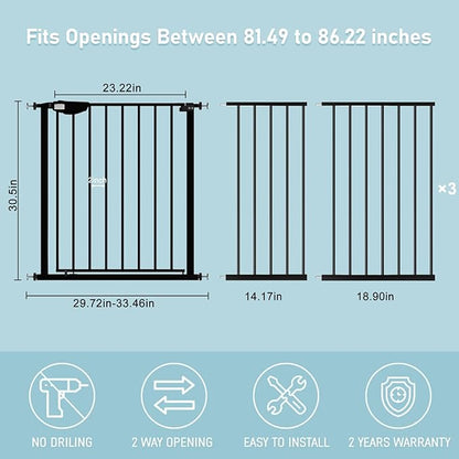 WAOWAO Triple Lock Baby Gate Extra Wide 81.49-86.22" Pressure Mounted Walk Through Swing Auto Close Safety Black Metal Dog Pet Puppy for Stairs,Doorways
