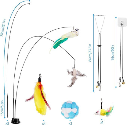 ZooZoo 14PCS Interactive Cat Feather Toy Set for Indoor Cats, Active Play Kit with Door Hanging Toy, Double-Sided Suction Cat Wand with Feathers, Mice & Fur Balls, Encourages Hunting, Jumping, Chasing
