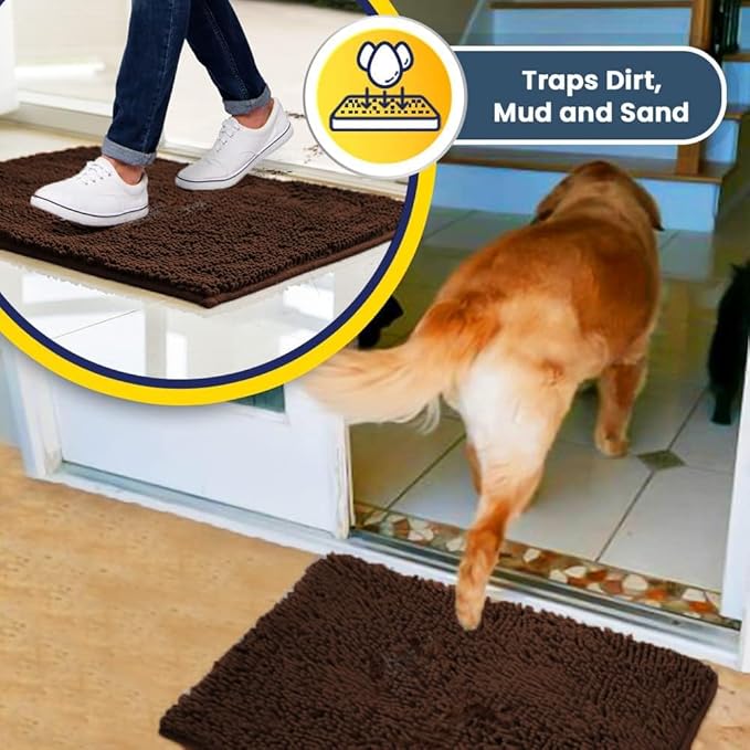 Muddy Mat® AS-SEEN-ON-TV Highly Absorbent Microfiber Door Mat and Pet Rug, Non Slip Thick Washable Area and Bath Mat Soft Chenille for Kitchen Bedroom Indoor and Outdoor - Chocolate Brown 3ft x 8ft