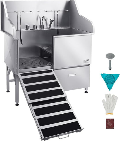 VEVOR Professional 304 Stainless Steel Dog Bathing Station, 50 inch Pet Grooming Tub w/Anti-Slip ramp, Storage Drawer, Cold Hot Faucet Showerhead, for Large & Medium & Small (Left Door, with Drawer)