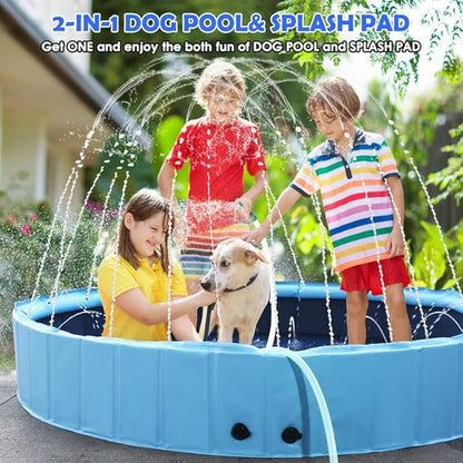 63" Large Dog Pool with Sprinkler, 2-in-1 Foldable Swimming Pool Non-Slip Hard Plastic Splash Sprinkler Kiddie Pool for Outdoor Backyard Kids Dogs Ducks and Pet Baths