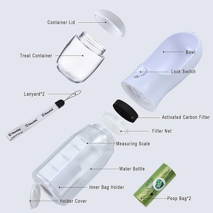 Dog Water Bottle with Food Container & Poop Bag Holder, Travel Water Bowl, Portable Pet Dispenser, Dog Stuff Accessories Items, Puppy Essentials Necessities for Yorkie Chihuahua Walking Hiking