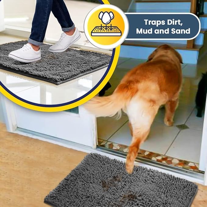 Muddy Mat® Pack of 3 Highly Absorbent Microfiber Dog Door Mat and Pet Rug, Non Slip Thick Washable Area Mat Soft Chenille for Kitchen Bathroom Bedroom and Outdoor - Grey Small, Medium & Large