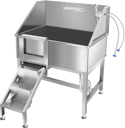 38" Pet Dog Bathing Station W/Stairs, Professional Stainless Steel Dog Grooming Tub W/Soap Box, Faucet,Rich Accessory, Dog Bathtub for Large,Medium,Small Pets, Washing Sink for Home,L-RAMP