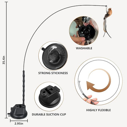 Cat Toys for Indoor Cats, Interactive Bird Cat Toy Self-Holding Suction Base with 5 Replaceable Birds, Door Hanging String, Feathers & Bells | Chase, Jump & Exercise for Kittens/Adult Cats