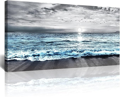 Lapremoly Large Canvas Wall Art For Living Room Wall Decor For Bedroom Office Wall Decorations Black And White Beach Wall Painting Blue Ocean Sea Wave Pictures Stretched and Framed Modern Artwork