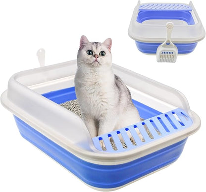 High Sided Cat Litter Box, Anti-Splashing Low Entry Cats Litter Pan with Scoop Collapsible Foldable Shallow Kitten Potty Toilet Waterproof Cat Travel Litterbox Semi-Enclosed Easy Clean(Blue)