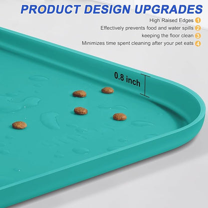 Silicone Pet Feeding Mat with Raised Edge for Food and Water, Dog Bowl Mats, Cat Bowls Placemat with High Lip for Floor Waterproof, Rubber Tray for Cats and Dogs 24 x 16 x0.8 Dark Turquoise