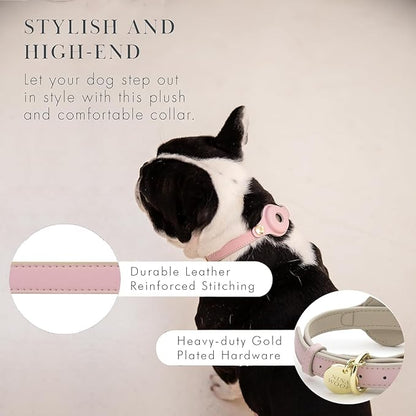 Cupertino Dog Collars, Harnesses & Leashes Made from Vegan Leather with Dog Tracker Device Holder Adjustable Dog Collar (Medium, Pink)