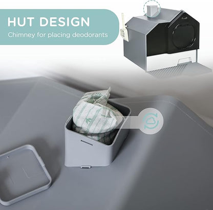 PawHut Hooded Cat Litter Box with Kitty Litter Mat, Kitty Litter Pan with Odor Control, Easy-Clean Pull-Out Drawer, Handle, Scoop, Gray
