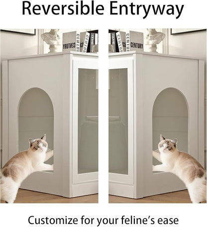 Cat Litter Robot Enclosure with Cat-Observant Glass Doors,Litter Robot Cabinet with Cozy LED for Cats,Reversible and Optional Entry(Left or Right),Power Outlet for More Choice, (White)