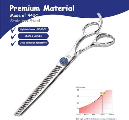 7'' Dog Grooming Scissors CNC 440C Blades Sharp and Durable Polished Chunker Dog Shears with Blue Diamond Adustable Screws Easy to Use for Groomer and Home User