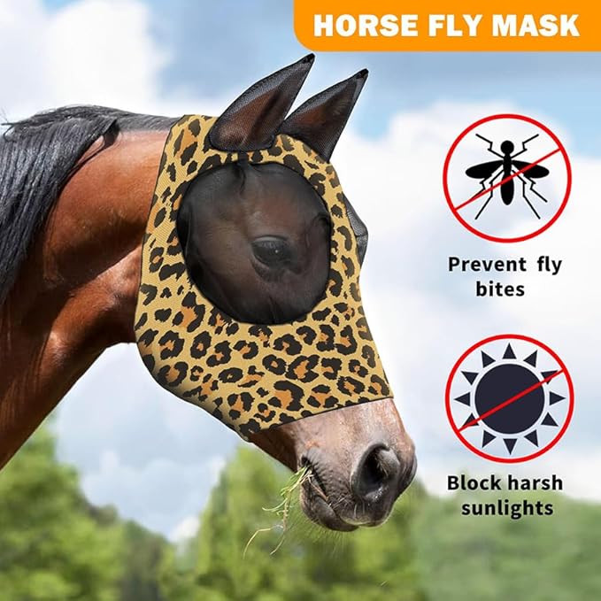 Horse Fly Mask with Ears - Comfort Fit, Durable & Breathable, Easy to on/Off | UV Protection, Large Eye Space, Stretchy Leopard Print (2pcs Large, Tangle-Free)