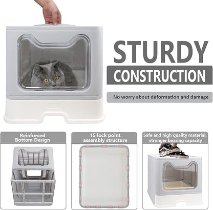 Foldable Cat Litter Box with Lid, Enclosed Potty, Large Top Entry Anti-Splashing Toilet, Easy to Clean Including Litter Scoop and 2-in-1 Cleaning Brush (Grey)