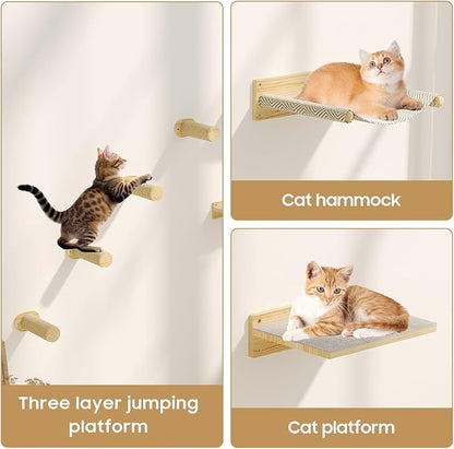 MeowHomm Cat Wall Shelves, Wooden Cat Wall Furniture Includes 4 Scratching Post Steps, Jumping Platform, Hammock for Kittens