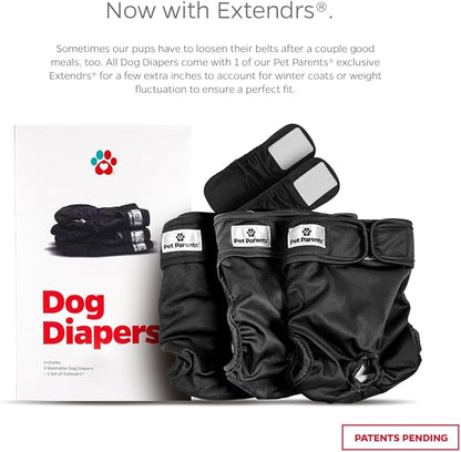 Pet Parents® Washable Dog Diapers (3pack) + Extendrs® of Durable Doggie Diapers, Premium Dog Diapers Female & Male (Medium, Black)
