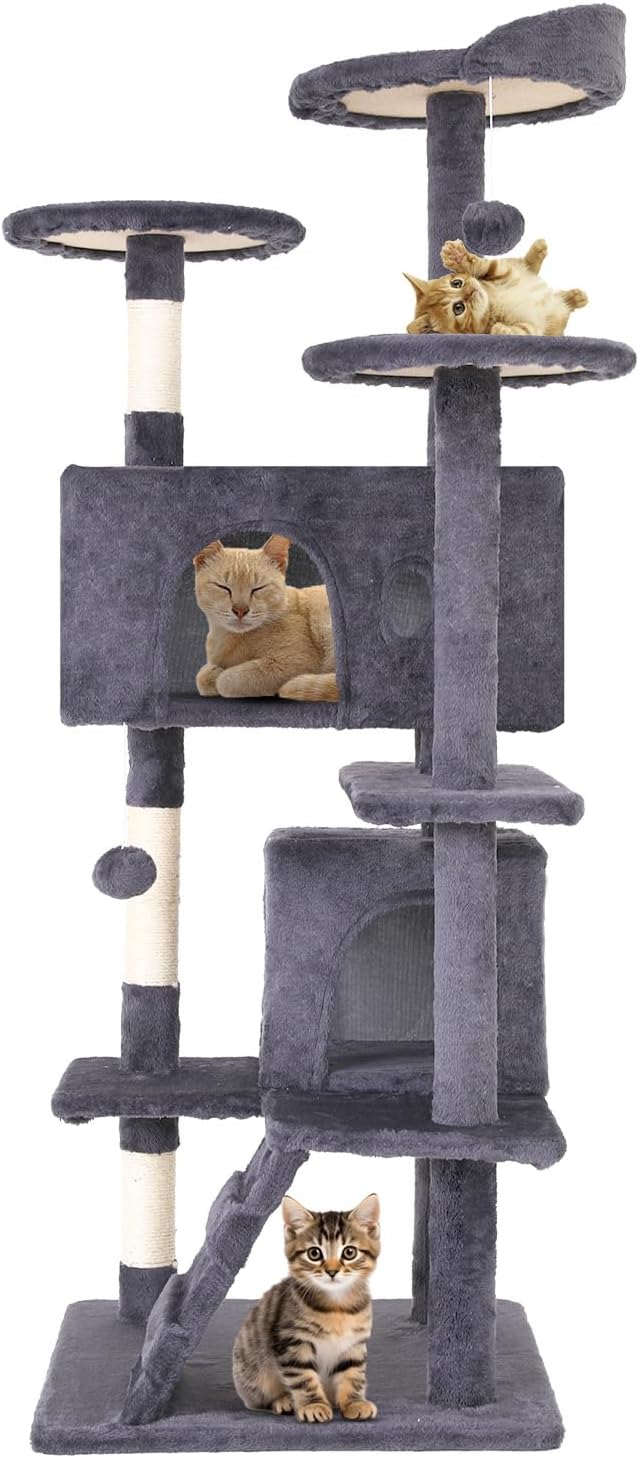 54.7" Ashy Cat Tower for Indoor Cats – Multi-Level Condo with Scratching Posts & Hanging Toys