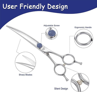 7'' Dog Grooming Scissors Set with Blue Diamond Adjustable Screws CNC 440C Stainless Steel Thinner Chunker Straight Curved Shears with Comb Sharp and Durable