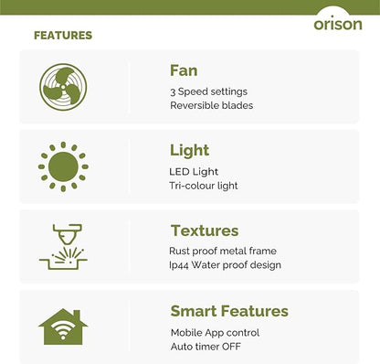 Orison 24.8'' Waterproof Outdoor Ceiling Fan, 6 Speed Ceiling Mounted Plug-In Cord Garage Fan with Remote&APP, 360-degree Manual Vertical Rotation, Hook hanging for Gazebo, Patio, Pergola (Black)