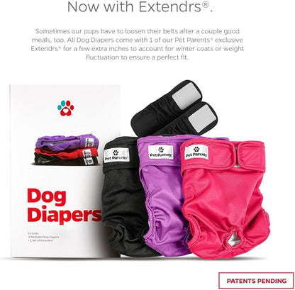 Pet Parents® Washable Dog Diapers (3pack) + Extendrs® of Durable Doggie Diapers, Premium Dog Diapers Female (X-Small, Princess)