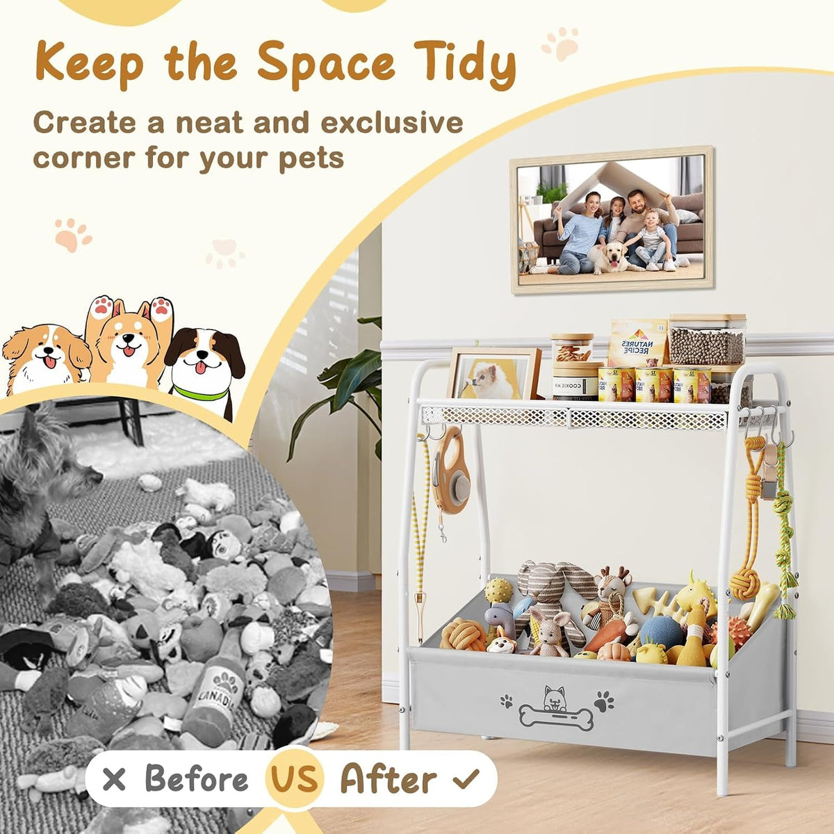 Large Dog Toy Storage Organizer with Shelf & 6 Hooks – Black, White or Brown