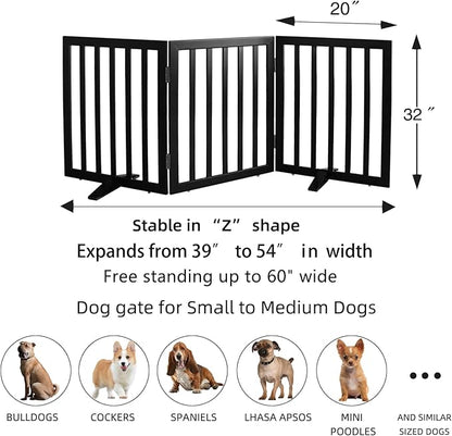 ZJSF Freestanding Indoor Dog Gate for House Foldable Wood Puppy Gate for Doorways Pet Gate for Stairs Extra Wide Pet Fence, Black, 32" Height 3 Panels