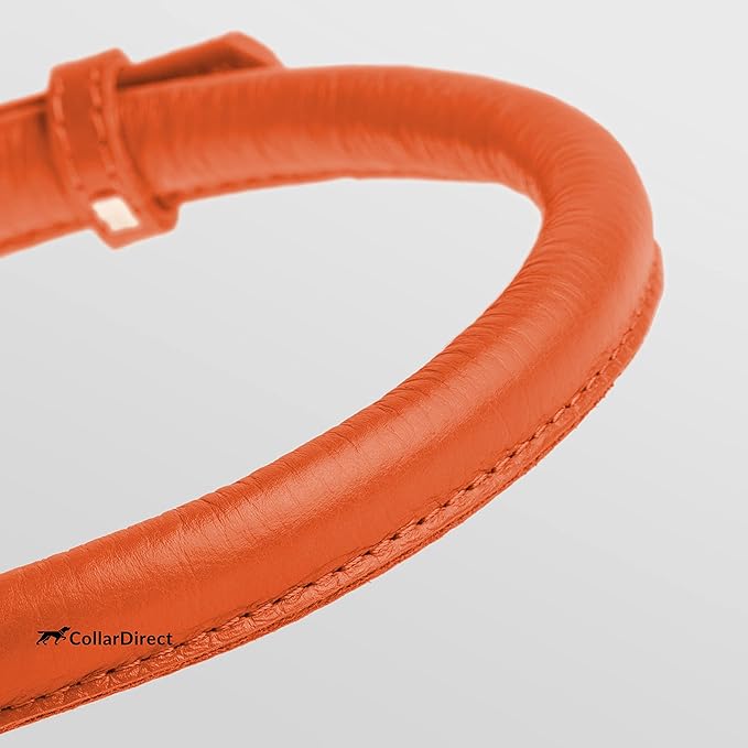 CollarDirect Rolled Leather Dog Collar, Soft Padded Round Puppy Collar, Handmade Genuine Leather Collar Dog Small Large Cat Collars 13 Colors (6-7 Inch, Orange Textured)