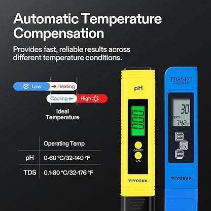 VIVOSUN Digital pH and TDS Meter Kits, 0.01pH High Accuracy Pen Type pH Meter ± 2% Readout Accuracy 3-in-1 TDS EC Temperature Meter for Hydroponics, Pool and Aquarium, Yellow Blue, UL Certified