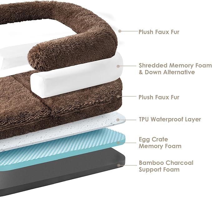 EHEYCIGA Foldable XXL Dog Bed, Faux Fur Fluffy Pet Couch Bed for Extra Large Dogs, Orthopedic Calming Memory Foam Big Pet Bed, Washable Soft Pet Sofa Bed with Non-Slip Bottom, Brown, 54"x38"x7.5"
