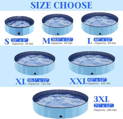 Foldable Dog Bath Swimming Pool Plastic Kiddie Pool Professional Tub Collapsible Grooming Bathtub for Pets Kids Baby and Toddler, 55 x 12 Inches Blue