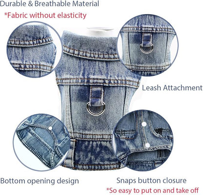 Puppy Clothes for Small Dogs Boy,Classic Western Denim Dog Coat,Dog Jeans Jacket with Leash D-Ring,Pet Cat Costumes,Cooling Harness Vest for Walking (Blue, X-Small)