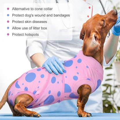 Kuoser Dog Surgery Recovery Suit, Anti Licking Pet Surgical Suit for Dogs Male Neuter, Female Dog Surgery Suit for Spay Subsititute E-Collar Cone, Dogs Body Suits After Surgery Pink Polka Dot XS