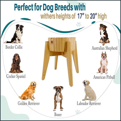 Slow Feeder Dog Bowls for Large Breed - Elevated, Raised 12-inch High - Bamboo Bowl with [60-oz Cap] Stainless Steel Inner Dish, Slow Feeding Insert Pad and Single Stand