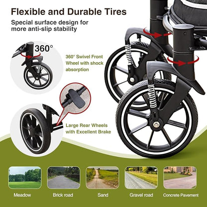Dog Stroller for Medium/Large Dogs One-Click Folding, Extra Large Pet Stroller for 2 Dogs with Storage Pocket & Shock Absorption, Up to 130 lbs, Grey