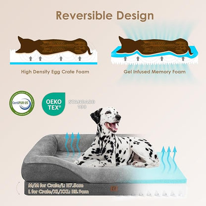 EHEYCIGA Memory Foam Dog Bed for Large Sized, Orthopedic Dog Sofa with Sides and Waterproof Liner, Washable Bolster Pet Bed Couch with Removable Cover, 36x27x7 Inch, Grey