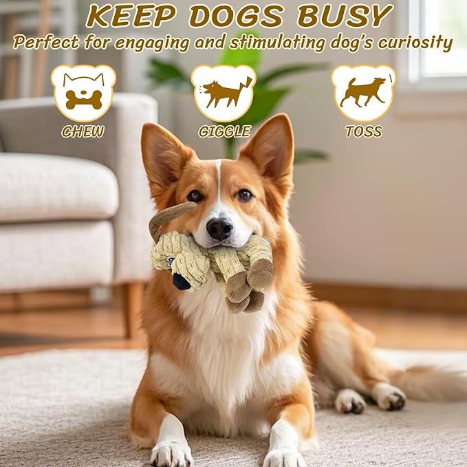Khaki Plush Squeaky Dog Toy – Crinkle Stuffed Chew Toy for Small, Medium & Large Dogs